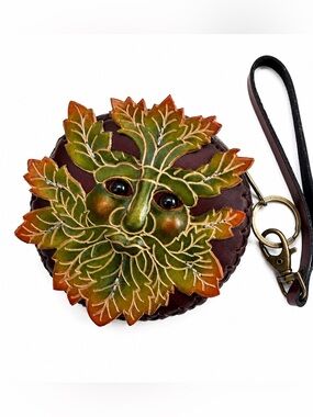 Green Man Leather Coin Purse Wristlet Handmade Embossed Leaf Face Zipper Pouch